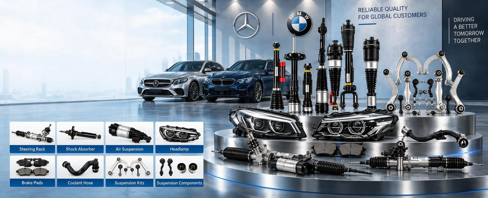 The PAWODIKE warehouse — Mercedes-Benz and BMW parts stocked on shelves, ready to ship